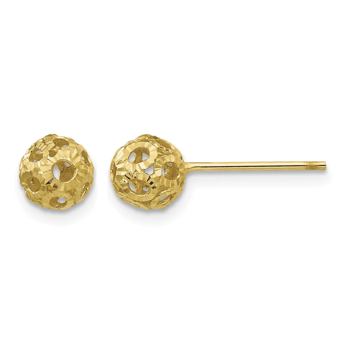 A pair of gold stud earrings with textured, dimpled spherical heads connected to thin posts.
