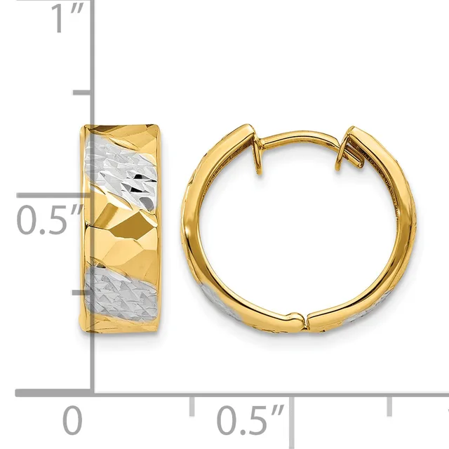 A pair of two-tone gold hoop earrings with textured white and polished yellow gold sections, shown front and side view with measurement scale.