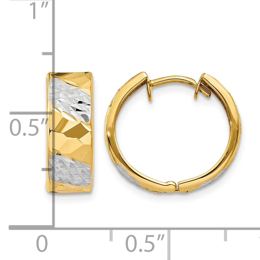 A pair of two-tone gold hoop earrings with textured white and polished yellow gold sections, shown front and side view with measurement scale.