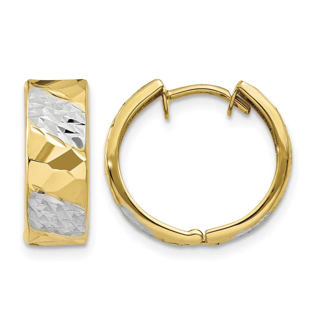 Pair of gold hoop earrings with textured and polished rectangular panels, featuring white gold or silver-toned striped accents, shown from front and side views.