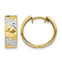 Pair of gold hoop earrings with textured and polished rectangular panels, featuring white gold or silver-toned striped accents, shown from front and side views.
