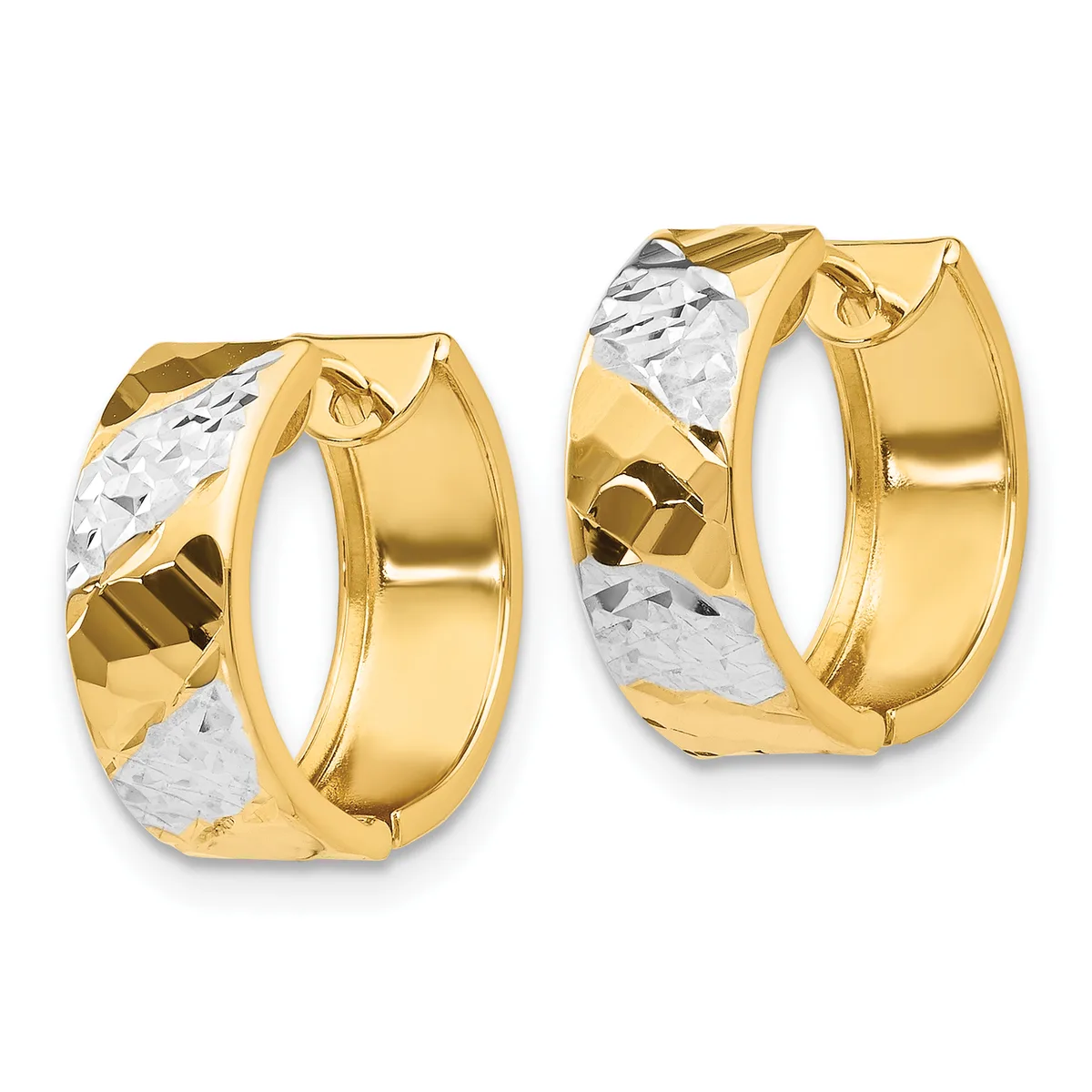 A pair of gold hoop earrings with a two-tone finish, featuring polished yellow gold bands and textured white gold sections with a diagonal diamond-cut pattern.
