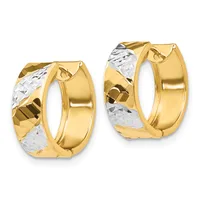 A pair of gold hoop earrings with a two-tone finish, featuring polished yellow gold bands and textured white gold sections with a diagonal diamond-cut pattern.