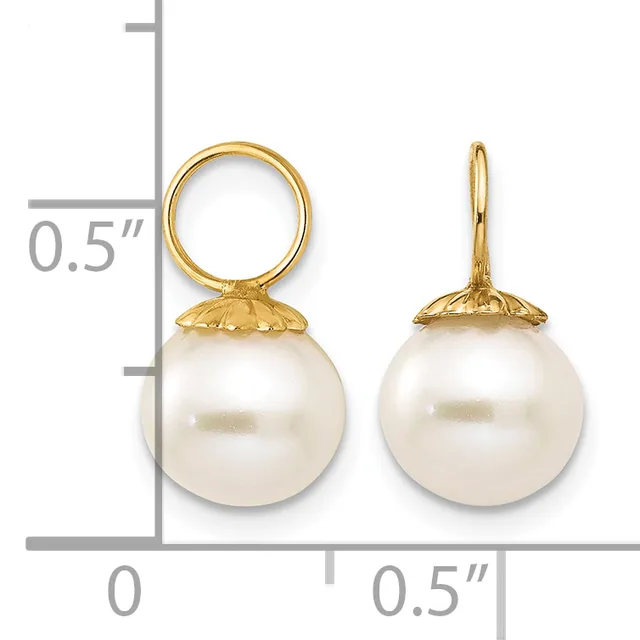 Two gold pearl drop earrings with round white pearls suspended from decorative gold caps, displayed against a measurement scale.