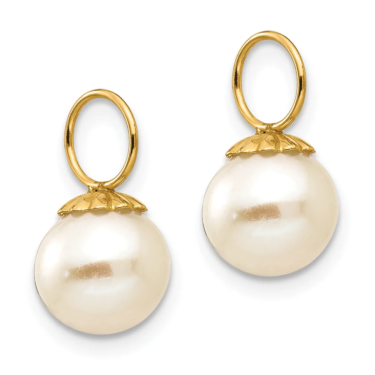 A pair of gold drop earrings featuring cream-colored pearl spheres suspended from oval loops with textured gold caps.