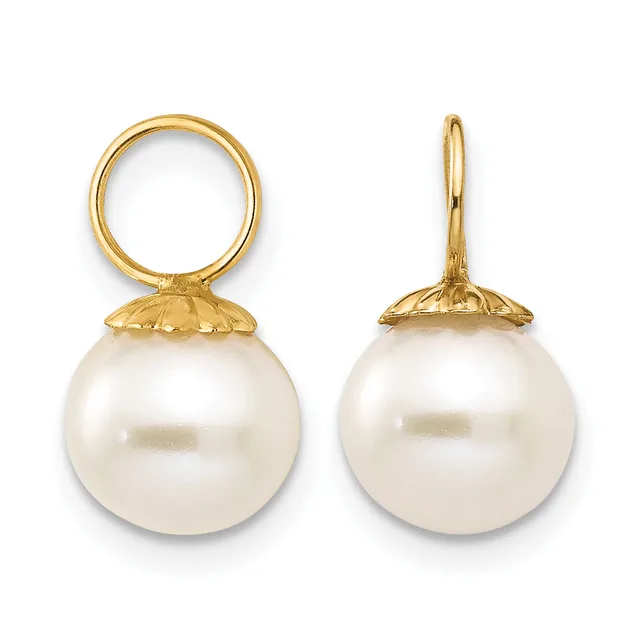 Two white pearl drop earrings with gold-colored caps and circular posts, shown from front and side views.