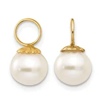 Two white pearl drop earrings with gold-colored caps and circular posts, shown from front and side views.