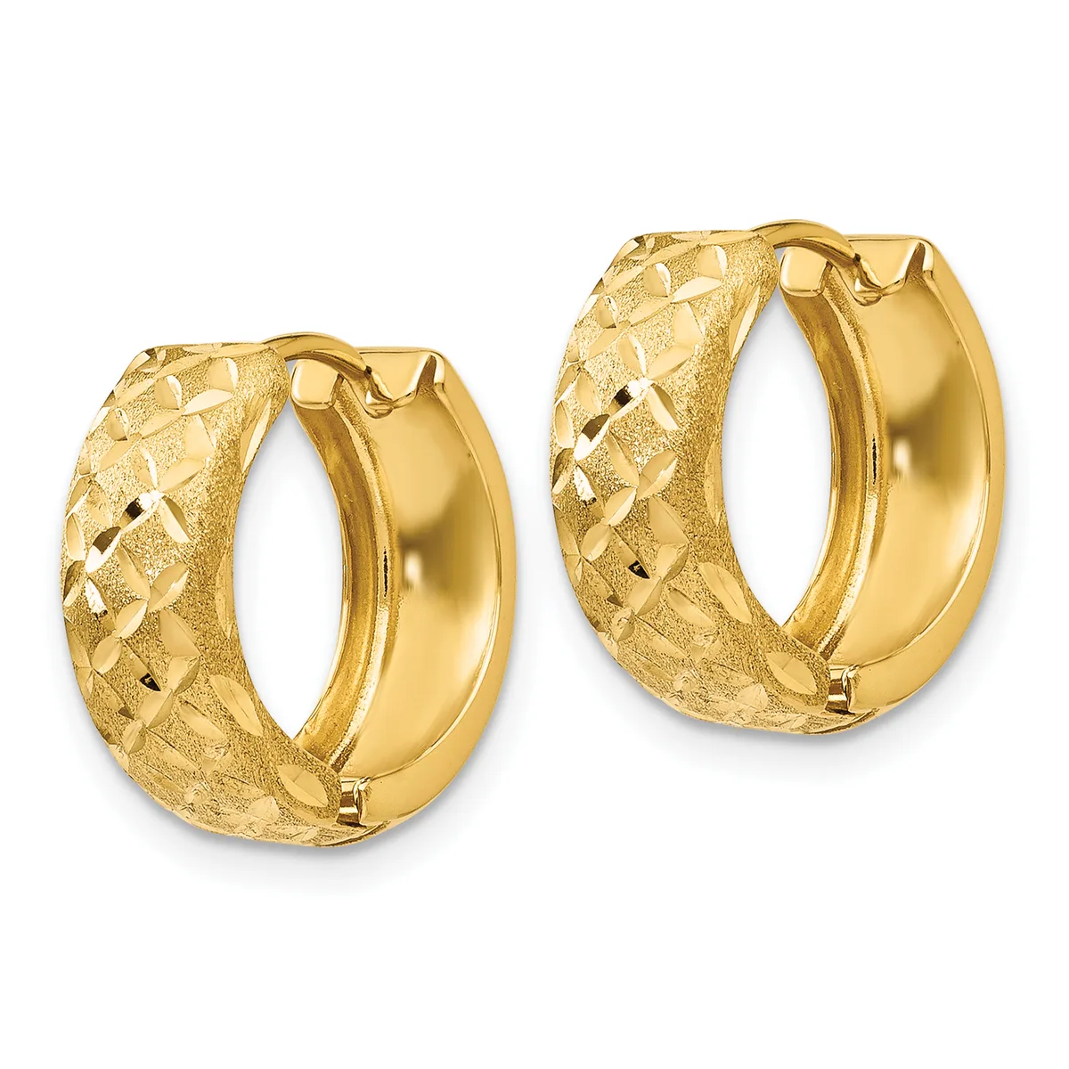 A pair of gold hoop earrings with a textured quilted pattern on the outer surface and polished smooth finish on the inner surface.