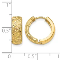 Pair of gold textured hoop earrings with a quilted diamond pattern, displayed next to a measurement scale showing approximately 0.5 inches in width and 1 inch in height.