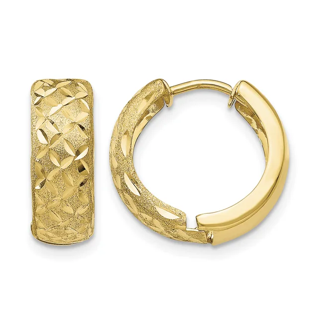 A pair of gold hoop earrings with a textured quilted surface and polished smooth inner curves, shown from the front and back.