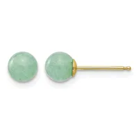 A pair of round green jade stud earrings with gold posts and backs, shown from front and side view.