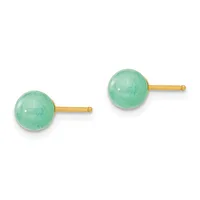 A pair of green jade sphere stud earrings with gold posts and backs, displayed against a white background.