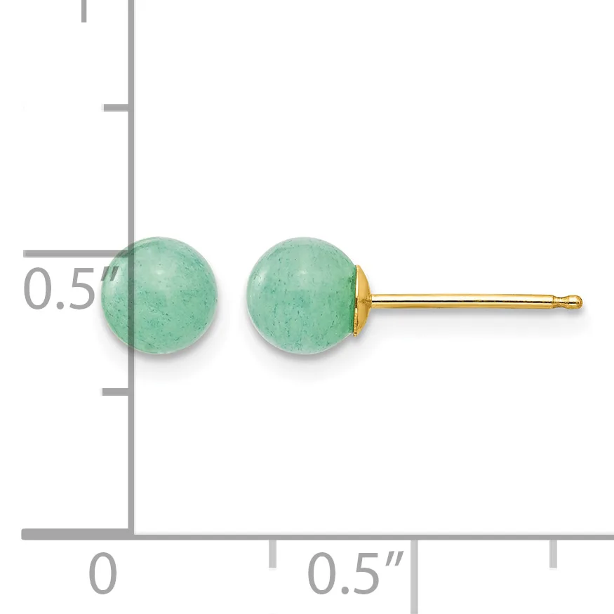 Pair of round green stone stud earrings with gold posts displayed next to a ruler showing approximately half-inch diameter.