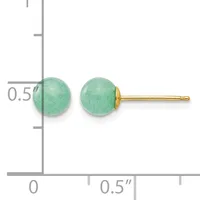 Pair of round green stone stud earrings with gold posts displayed next to a ruler showing approximately half-inch diameter.