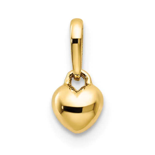 A polished gold heart-shaped pendant with a small decorative loop at the top, suspended from a matching gold bail.
