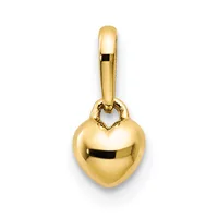 A polished gold heart-shaped pendant with a small decorative loop at the top, suspended from a matching gold bail.
