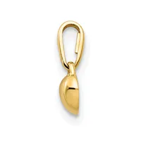 A polished gold teardrop-shaped pendant hanging from a gold carabiner clasp against a white background.