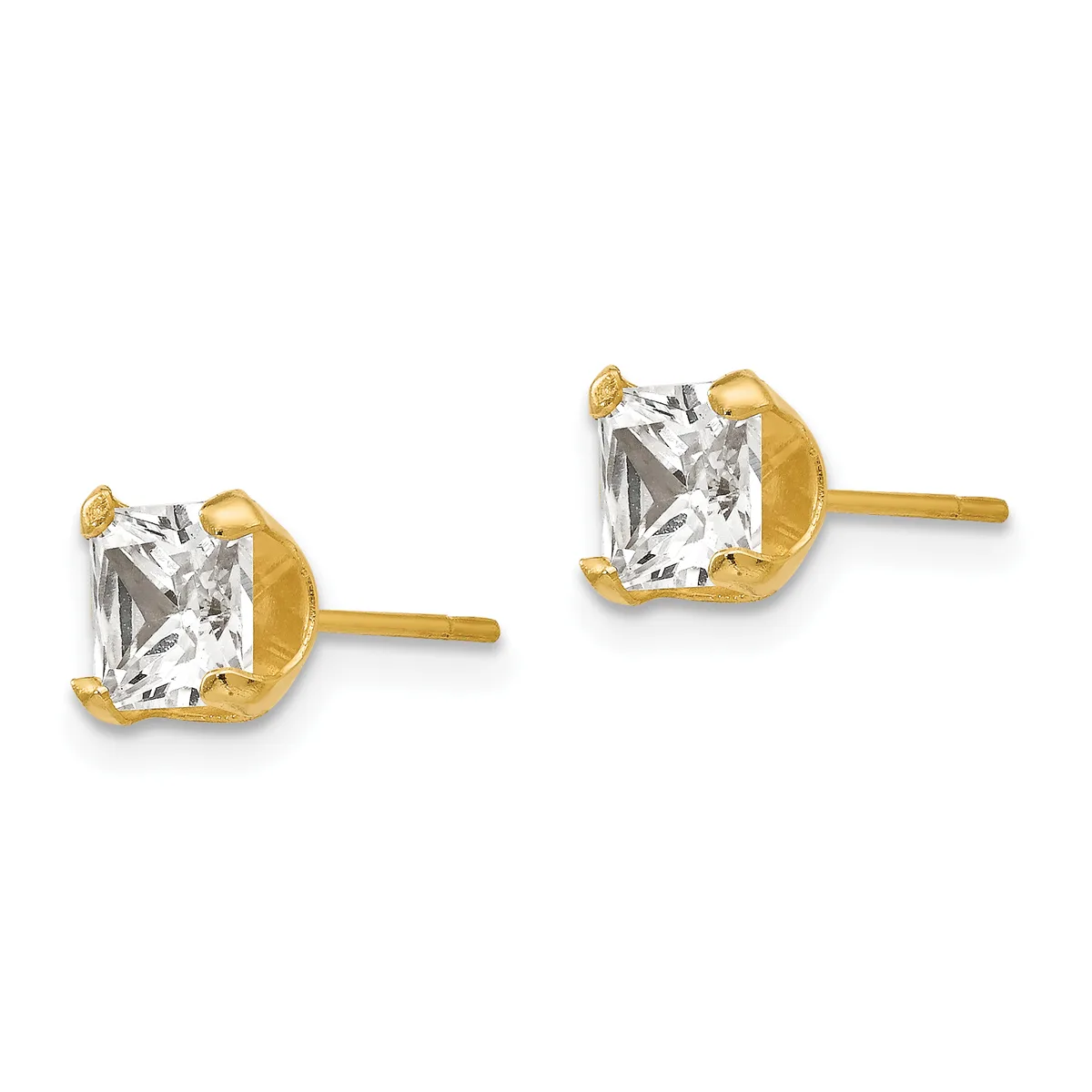 Pair of gold stud earrings with square clear gemstones in four-prong settings, shown from the front against a white background.
