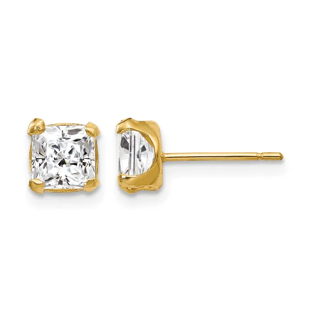 A pair of gold stud earrings with square clear gemstones set in rounded prong settings, shown from front and side views.