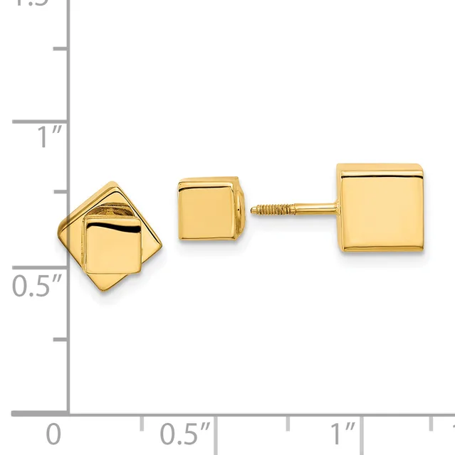 Two gold earrings displayed against a measurement scale: a diamond-shaped stud on the left and a square stud on the right, connected by a thin post.