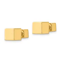 Two pairs of polished gold-colored rectangular cufflinks with hinged backs, shown from front and back views.