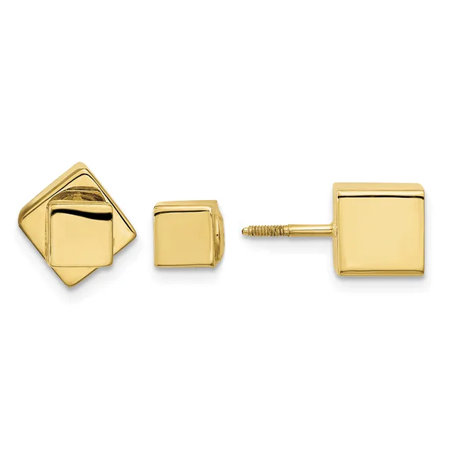 Three gold stud earrings displayed separately: a larger diamond-shaped stud with overlapping square design on the left, a smaller square stud in the center, and a plain square stud on the right with visible post and backing.