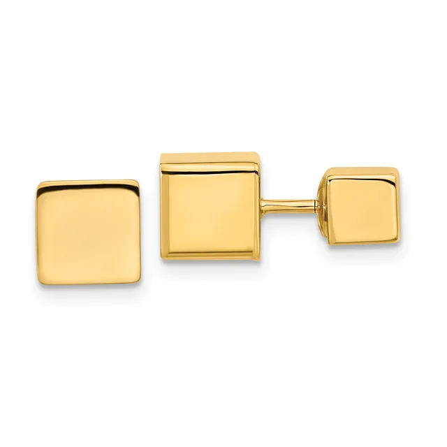 A pair of polished gold square cufflinks connected by a bar, displayed against a white background.