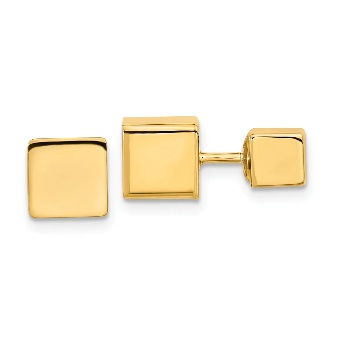 A pair of polished gold square cufflinks connected by a bar, displayed against a white background.