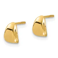 A pair of polished gold stud earrings with curved, rounded rectangular shapes and post backs, shown against a white background.
