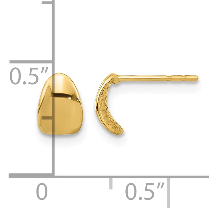 A pair of polished gold teardrop-shaped stud earrings displayed next to a measurement scale showing approximately 0.5 inches in height.