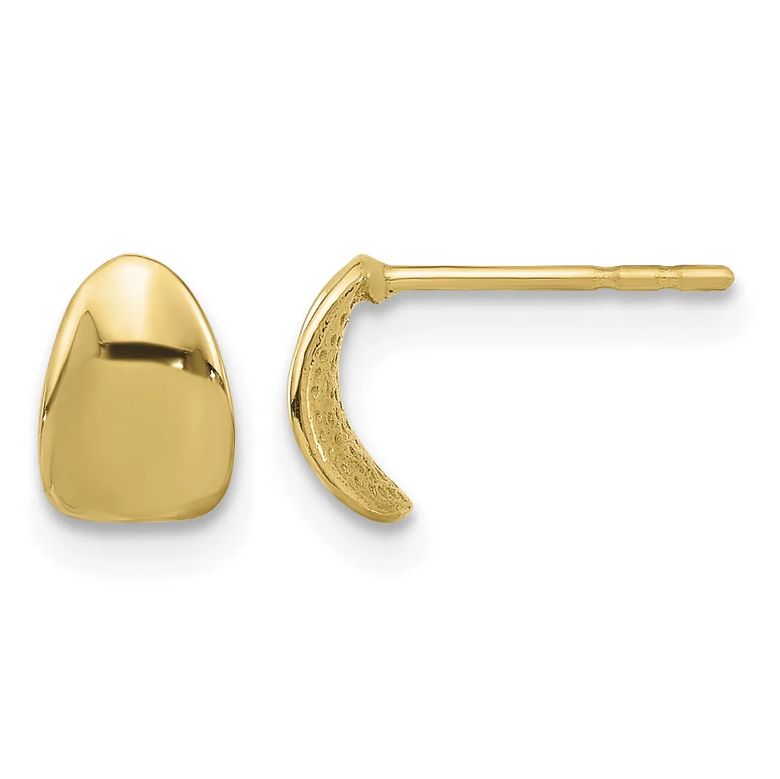 A pair of polished gold teardrop earrings with posts, shown from front and side views.