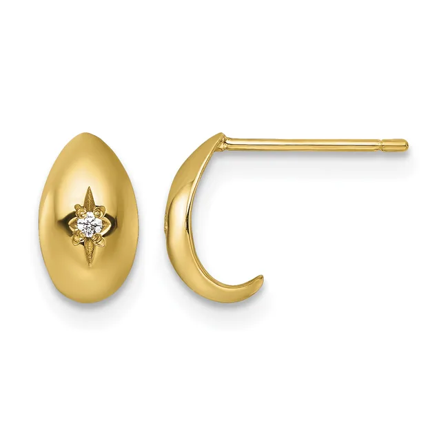 Pair of gold earrings featuring polished oval domes with diamond starburst accents, shown from front and side views.
