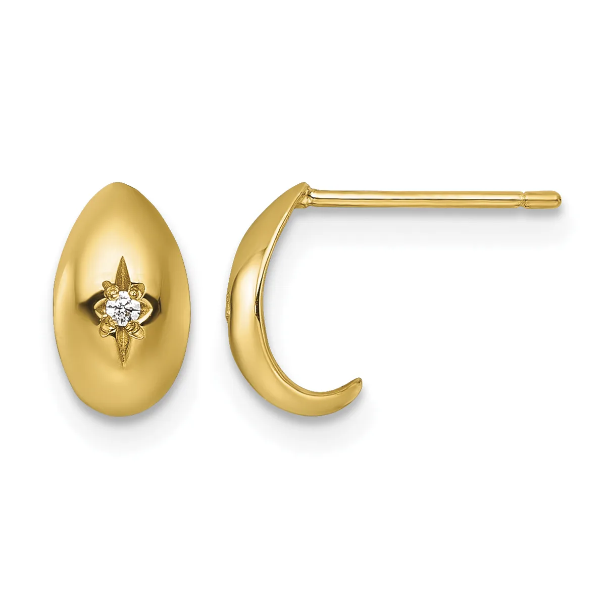 Pair of gold earrings featuring polished oval domes with diamond starburst accents, shown from front and side views.