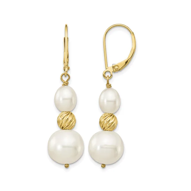 A pair of gold lever-back earrings with white pearl drops of varying sizes separated by textured gold beads.