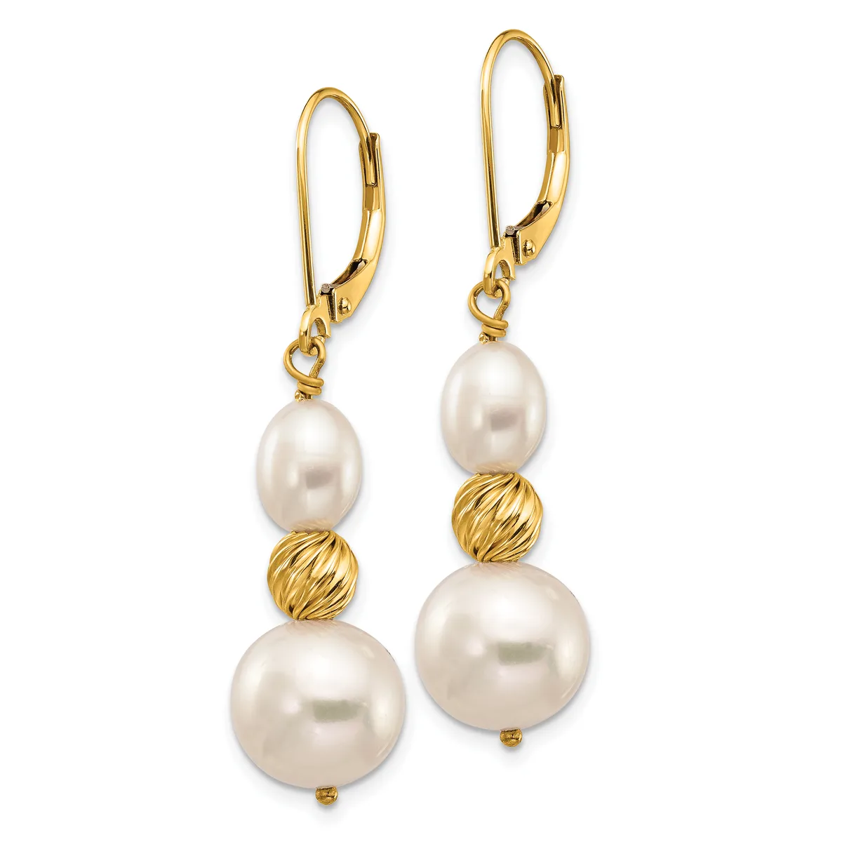 A pair of gold lever-back earrings with white pearl drops of varying sizes separated by textured gold beads.