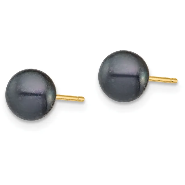 A pair of black pearl stud earrings with gold posts and backs, displayed side by side against a white background.