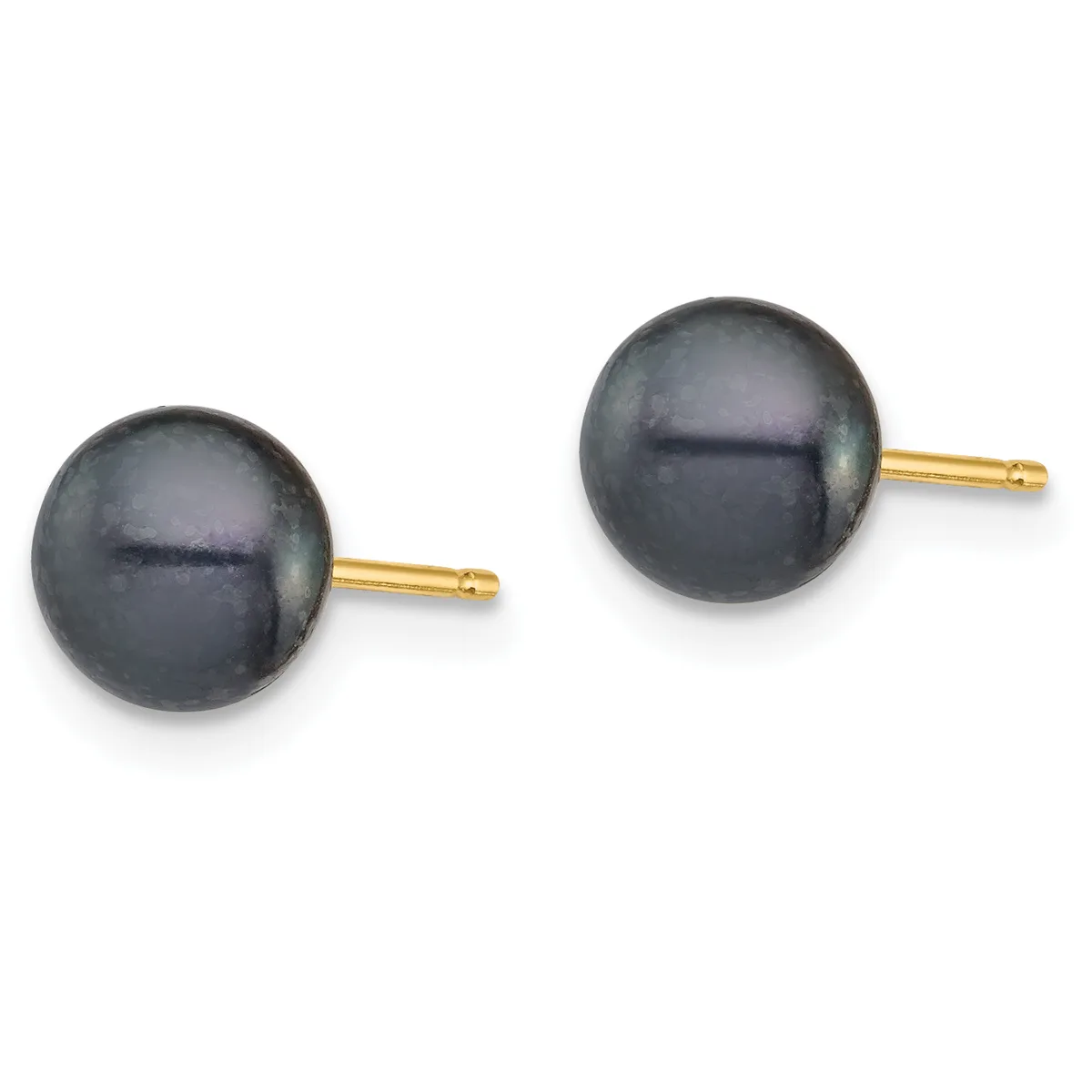 A pair of black pearl stud earrings with gold posts and backs, displayed side by side against a white background.