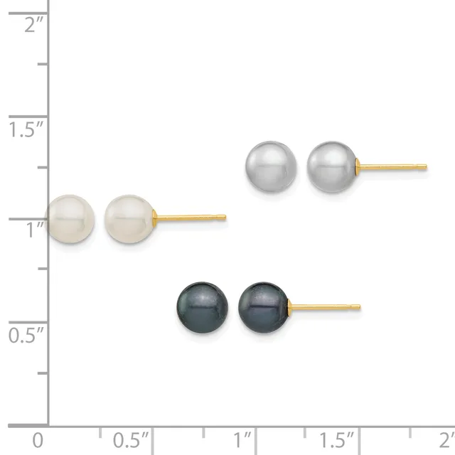 Three pairs of pearl stud earrings with gold posts displayed on a measurement scale: white pearls at 1 inch, gray pearls at 1.5 inches, and black pearls at 0.5 inches.