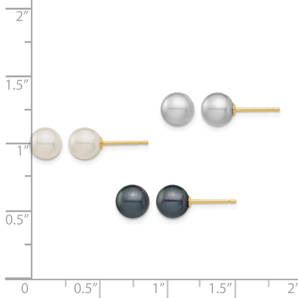 Three pairs of pearl stud earrings with gold posts displayed on a measurement scale: white pearls at 1 inch, gray pearls at 1.5 inches, and black pearls at 0.5 inches.