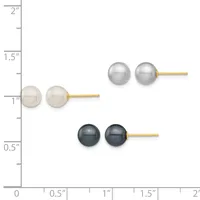 Three pairs of pearl stud earrings with gold posts displayed on a measurement scale: white pearls at 1 inch, gray pearls at 1.5 inches, and black pearls at 0.5 inches.