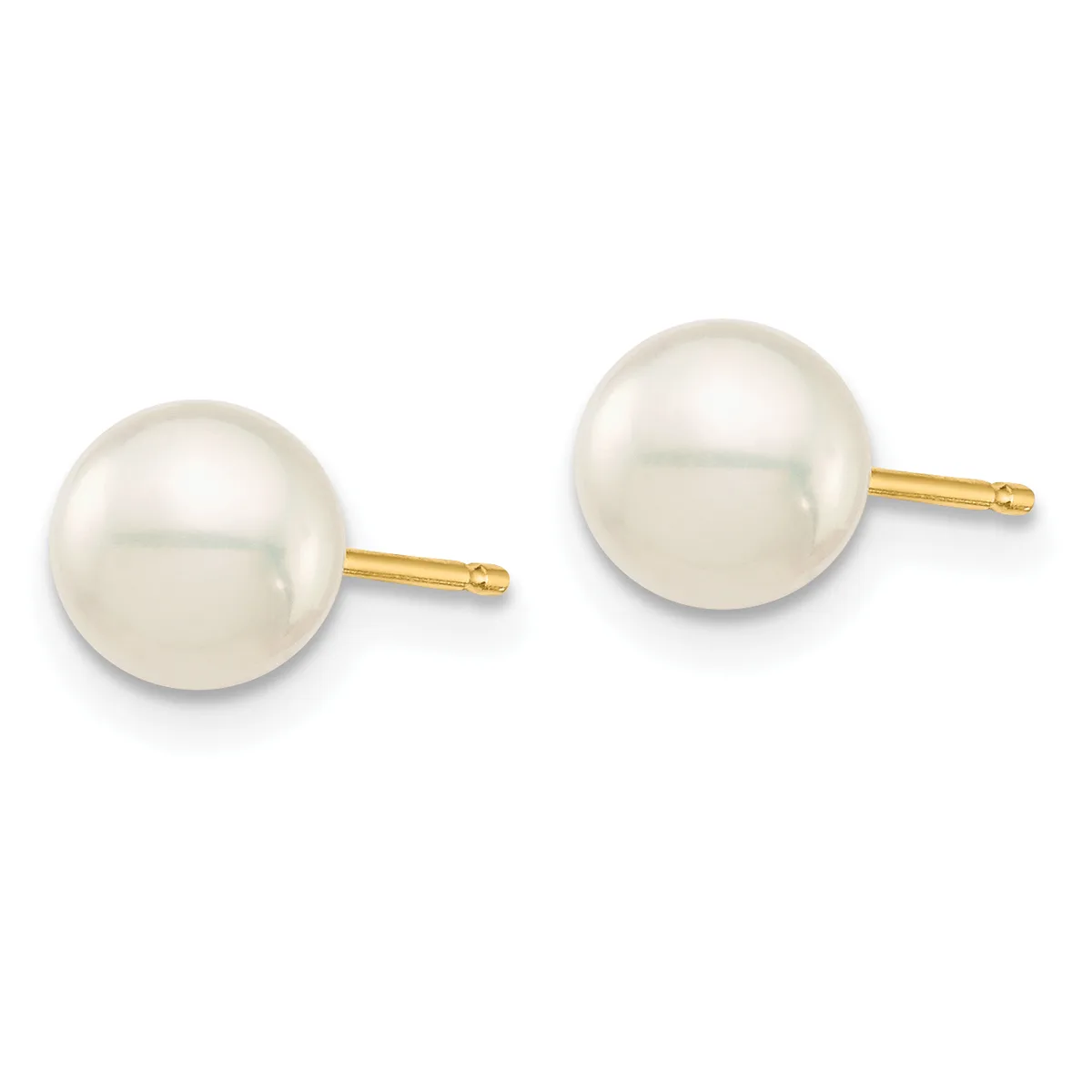Pair of round white pearl stud earrings with gold-colored posts on a white background.