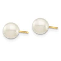 Pair of round white pearl stud earrings with gold-colored posts on a white background.