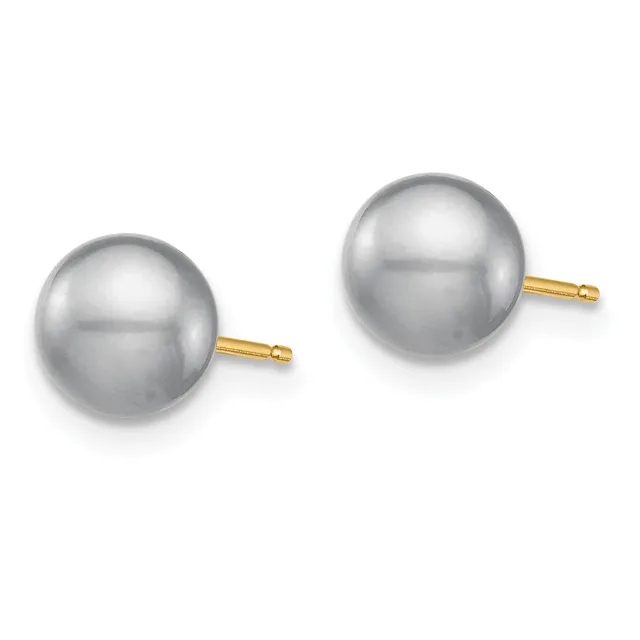 A pair of gray pearl stud earrings with gold posts and backs displayed side by side against a white background.