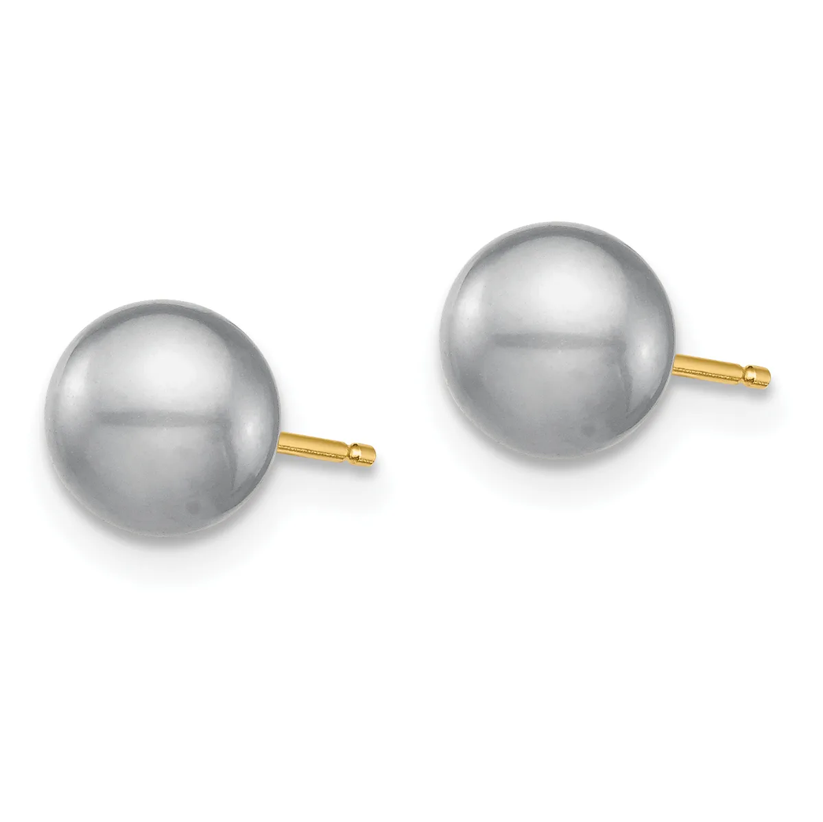 A pair of gray pearl stud earrings with gold posts and backs displayed side by side against a white background.