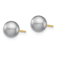 A pair of gray pearl stud earrings with gold posts and backs displayed side by side against a white background.