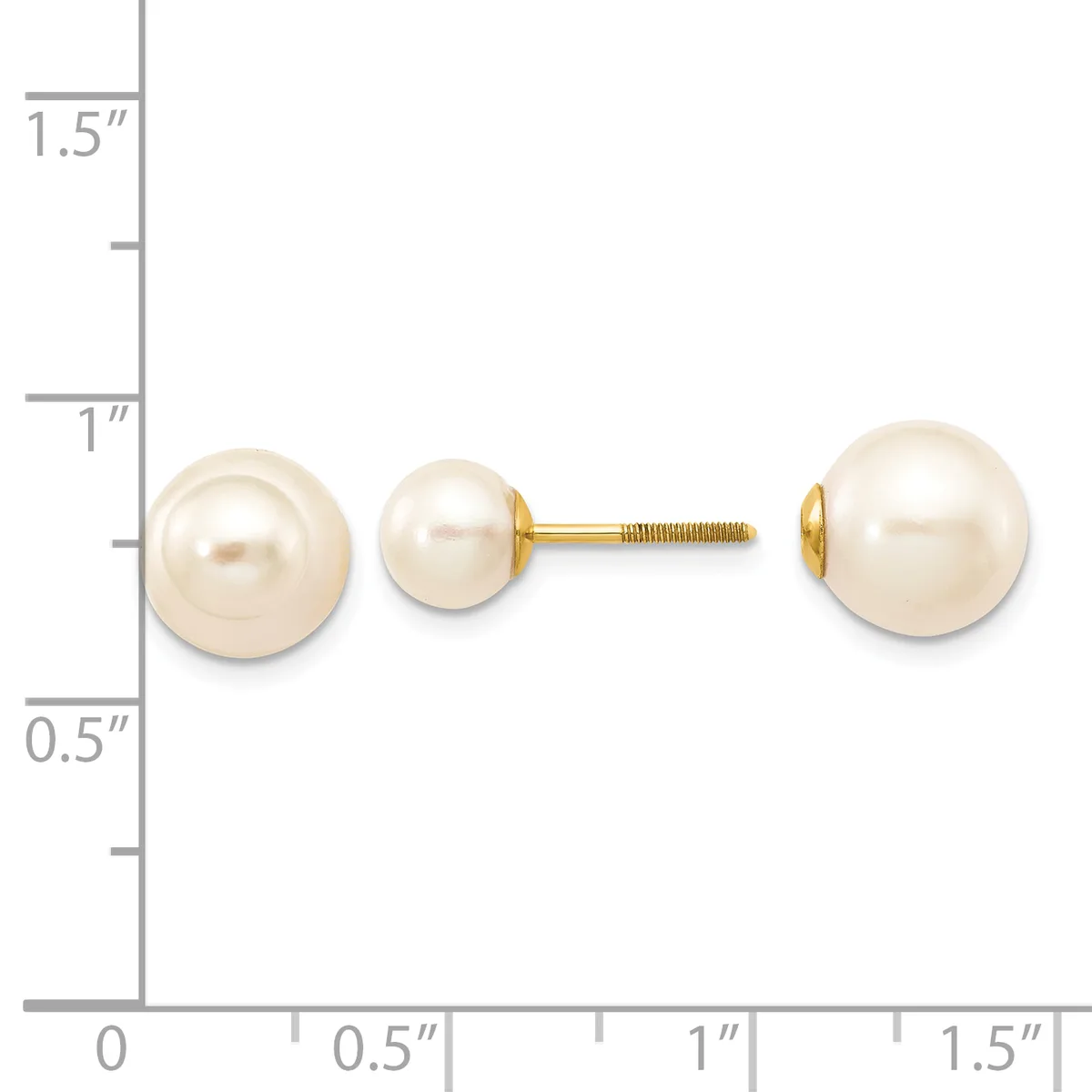 Two cream-colored pearl stud earrings on a gold post shown next to a ruler for scale, with the pearls measuring approximately one inch in diameter.