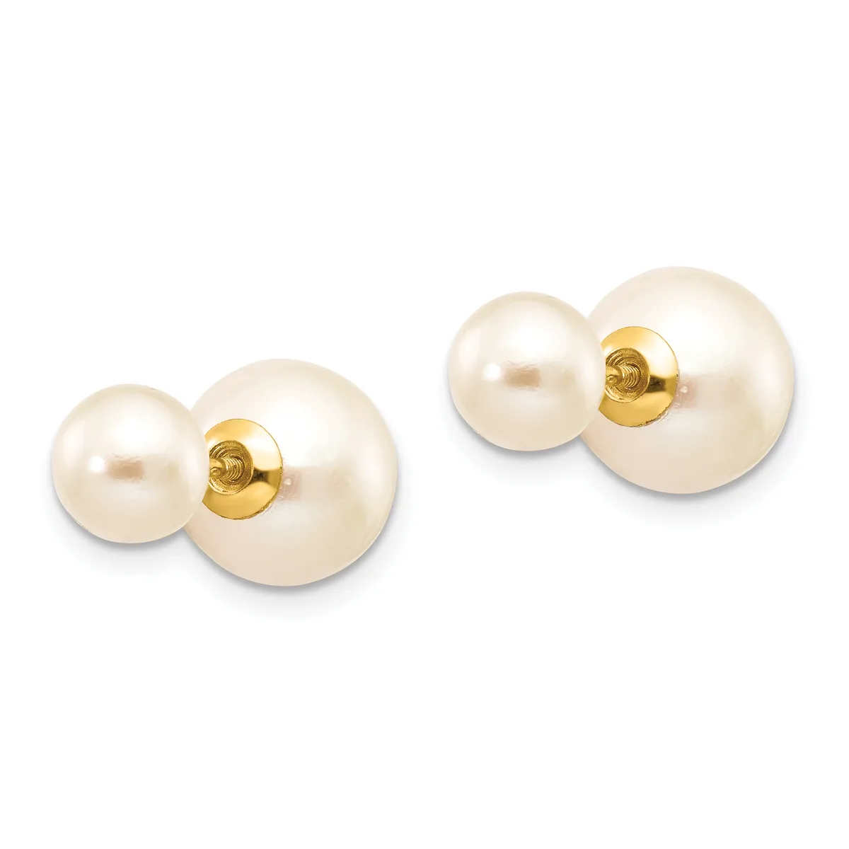 Pair of pearl stud earrings with white round pearls of varying sizes paired with smaller pearls, gold-colored posts and backs.