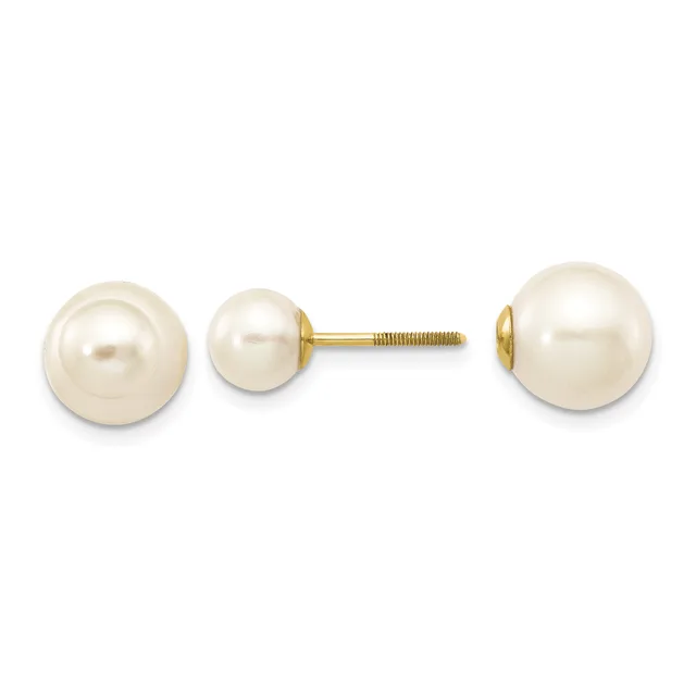 Two pairs of pearl stud earrings displayed side by side, featuring cream-colored spherical pearls mounted on gold-toned posts with threaded backs.