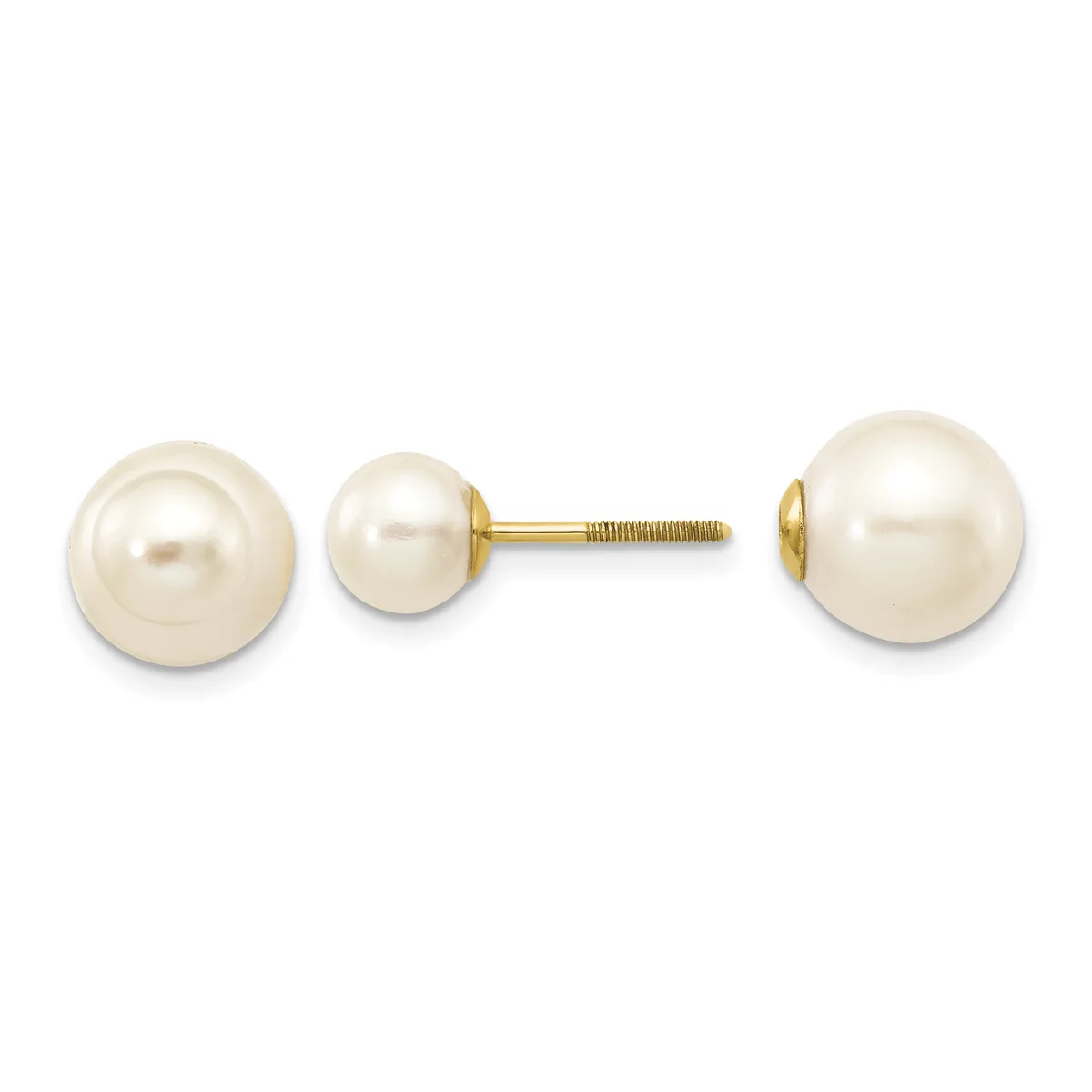 Two pairs of pearl stud earrings displayed side by side, featuring cream-colored spherical pearls mounted on gold-toned posts with threaded backs.