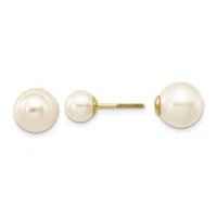 Two pairs of pearl stud earrings displayed side by side, featuring cream-colored spherical pearls mounted on gold-toned posts with threaded backs.
